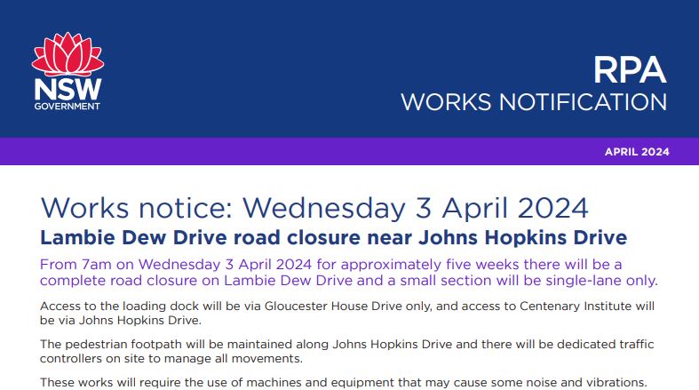 3 April 2024 - Lambie Dew Drive road closures