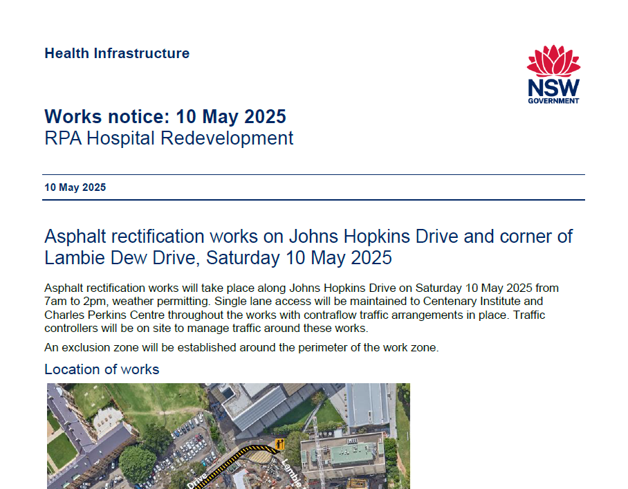 10 May - Asphalting works on Johns Hopkins Drive and corner of Lambie Dew Drive