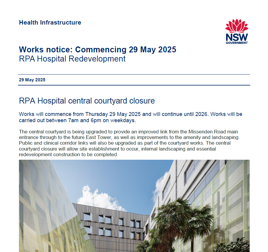 29  May 2025 - RPA Hospital central courtyard closure